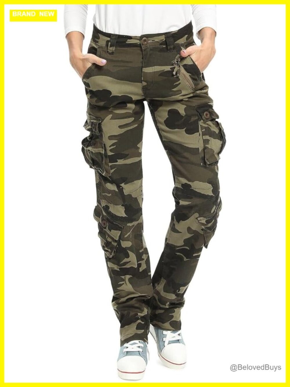 Womens Cargo Work Pants Stretch Cotton Camo Combat Travel Pants with 8 Pockets